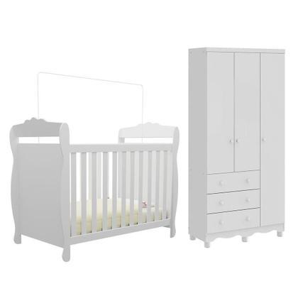 Imagem de Quarto de Bebê com Guarda Roupa 3 Portas 3 Gavetas e Berço Mini Cama Nina 100% MDF Espresso Móveis Branco Brilho