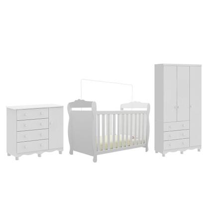 Imagem de Quarto de Bebê com Guarda Roupa 3 Portas Cômoda 1 Porta 4 Gavetas e Berço Nina 100% MDF Espresso Móveis Branco Brilho