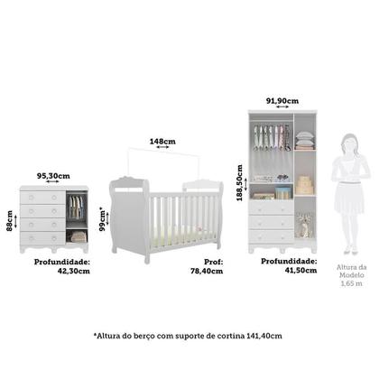 Imagem de Quarto de Bebê com Guarda Roupa 3 Portas Cômoda 1 Porta 4 Gavetas e Berço Nina 100% MDF Espresso Móveis Branco Brilho