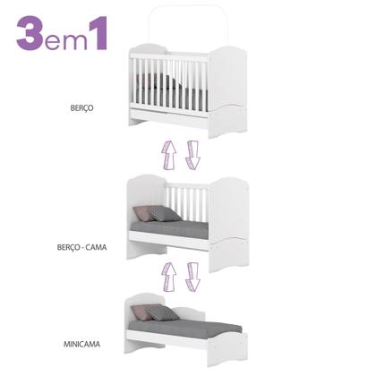 Imagem de Quarto de Bebê com Guarda Roupa 3 Portas Cômoda e Berço 3 em 1 Lápis de Cor Espresso Móveis Branco/Rosa