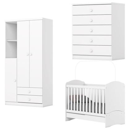 Imagem de Quarto de Bebê com Guarda Roupa 3 Portas Cômoda e Berço 3 em 1 Lápis de Cor Espresso Móveis Branco/Rosa