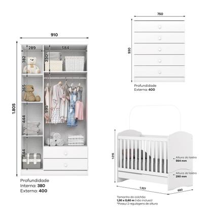 Imagem de Quarto de Bebê com Guarda Roupa 3 Portas Cômoda e Berço 3 em 1 Lápis de Cor Espresso Móveis Branco/Rosa