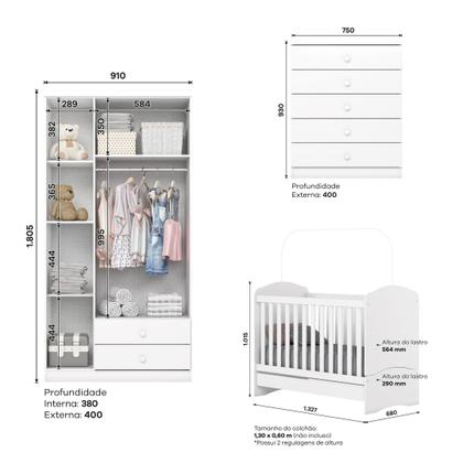 Imagem de Quarto de Bebê com Guarda-Roupa 3 Portas Cômoda e Berço Faz de Conta Espresso Móveis