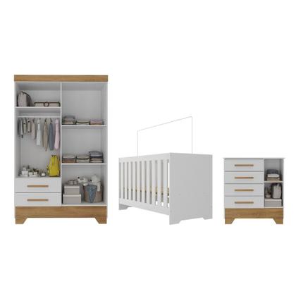 Imagem de Quarto de Bebê com Guarda Roupa 4 Portas 2 Gavetas Cômoda 4 Gavetas 1 Porta e Berço 3 em 1 Catavento Maya Rodial