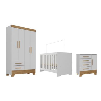 Imagem de Quarto de Bebê com Guarda Roupa 4 Portas 2 Gavetas Cômoda 4 Gavetas 1 Porta e Berço 3 em 1 Catavento Maya Rodial