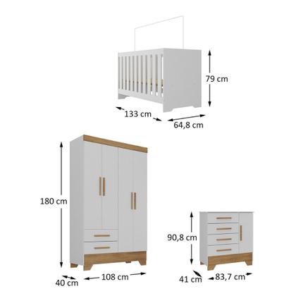 Imagem de Quarto de Bebê com Guarda Roupa 4 Portas 2 Gavetas Cômoda 4 Gavetas 1 Porta e Berço 3 em 1 Catavento Maya Rodial