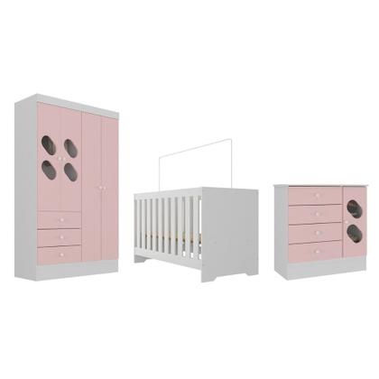 Imagem de Quarto de Bebê com Guarda Roupa 4 Portas 3 Gavetas Cômoda 4 Gavetas 1 Porta com Janela e Berço 3 em 1  Maya Rodial