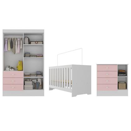Imagem de Quarto de Bebê com Guarda Roupa 4 Portas 3 Gavetas Cômoda 4 Gavetas 1 Porta com Janela e Berço 3 em 1  Maya Rodial