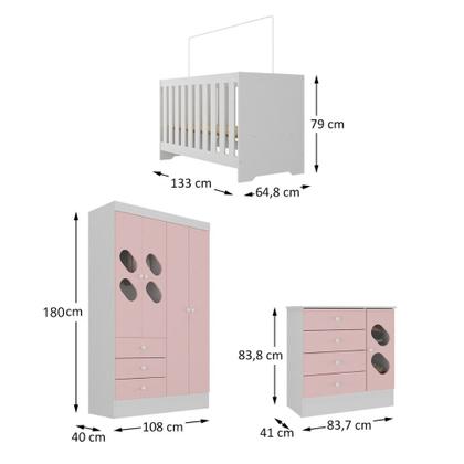 Imagem de Quarto de Bebê com Guarda Roupa 4 Portas 3 Gavetas Cômoda 4 Gavetas 1 Porta com Janela e Berço 3 em 1  Maya Rodial