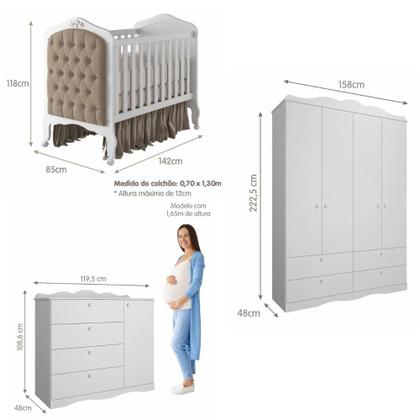 Imagem de Quarto de Bebê com Guarda Roupa 4 Portas Cômoda e Berço Capitonê 2 em 1 100MDF Laura Permobili