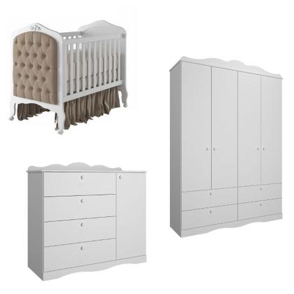 Imagem de Quarto de Bebê com Guarda Roupa 4 Portas Cômoda e Berço Capitonê 2 em 1 100MDF Laura Permobili