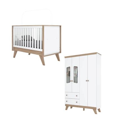 Imagem de Quarto de Bebê com Guarda Roupa 4 Portas e Berço 3 em 1 Retrô Theo Espresso Móveis Branco/Jequitibá HP