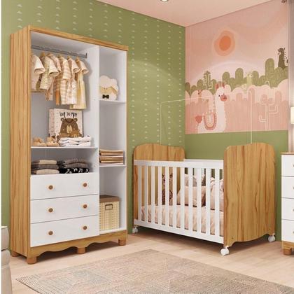 Imagem de Quarto de Bebê com Guarda Roupas 3 Portas 3 Gavetas e Berço Espresso Móveis Branco Brilho/Amêndoa