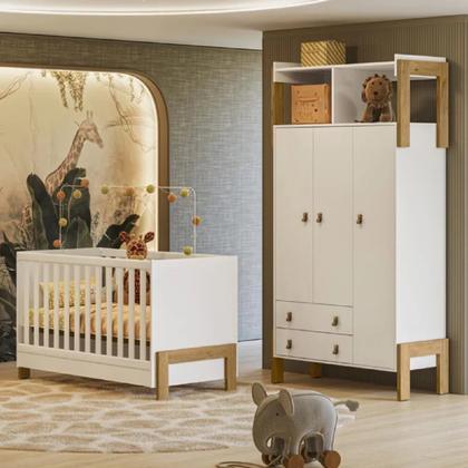 Imagem de Quarto de Bebê Com Roupeiro 3 Portas e Berço Que Vira Mini Cama Móveis Leartam