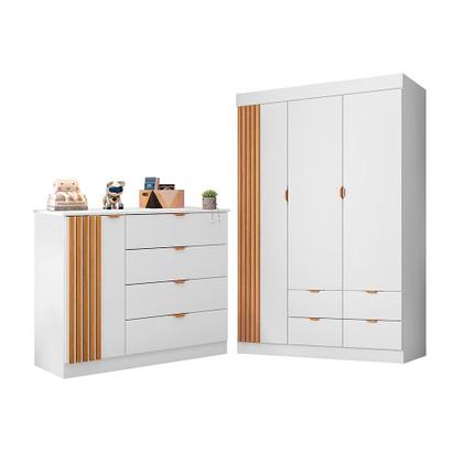 Imagem de Quarto de Bebê com Roupeiro e Cômoda Sapateira Ayla Branco Acetinado Phoenix Baby