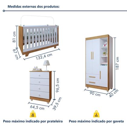 Imagem de Quarto de Bebê Cômoda Berço e Guarda Roupa com Colchão Nina Amadeirado/Branco