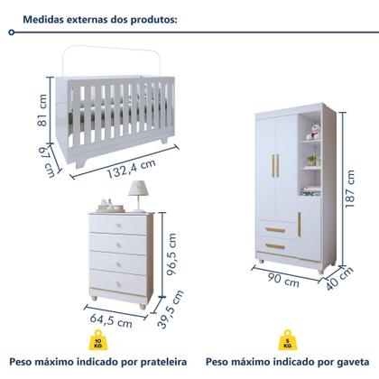 Imagem de Quarto de Bebê Cômoda Berço e Guarda Roupa com Colchão Nina Branco