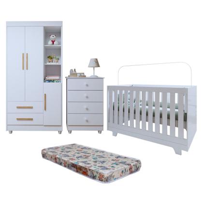 Imagem de Quarto de Bebê Cômoda Berço e Guarda Roupa com Colchão Nina Branco