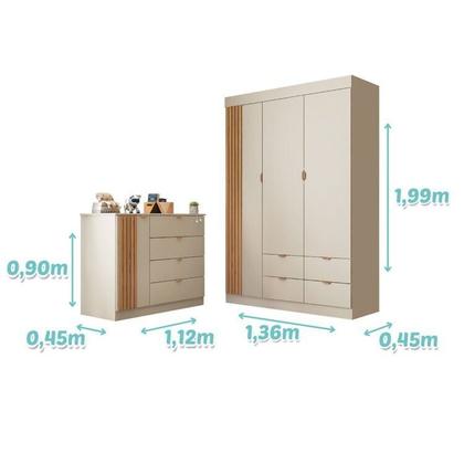 Imagem de Quarto de Bebê Completo 01 Guarda-roupa 3 Portas 4 Gavetas com 01 Cômoda 100% Mdf Ayla