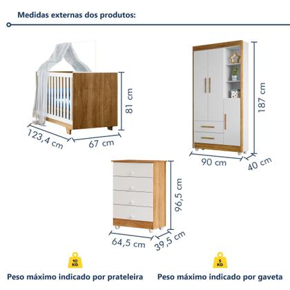 Imagem de Quarto de Bebê Completo 100% MDF com Cômoda Berço e Guarda Roupa 1 MDF Nina Branco/Amadeirado