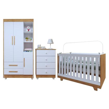 Imagem de Quarto de Bebê Completo 100% MDF com Cômoda Berço e Guarda Roupa 1 MDF Nina Branco/Amadeirado
