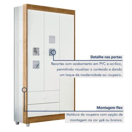 Imagem de Quarto de Bebê Completo 100% MDF com Guarda Roupa 3 Portas, Cômoda e Berço Life Espresso Móveis Branco/Ypê
