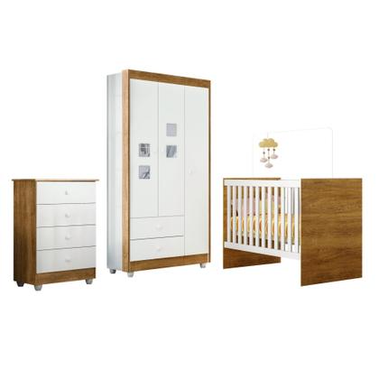 Imagem de Quarto de Bebê Completo 100% MDF com Guarda Roupa 3 Portas, Cômoda e Berço Life Espresso Móveis Branco/Ypê
