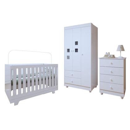 Imagem de Quarto de Bebê Completo 100% MDF com Guarda Roupa 3 Portas, Cômoda e Berço Mini Cama Life Espresso Móveis Branco