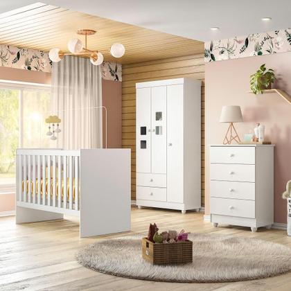 Imagem de Quarto de Bebê Completo 100% MDF com Guarda Roupa 3 Portas, Cômoda e Berço Mini Cama Life Tigus Baby Branco