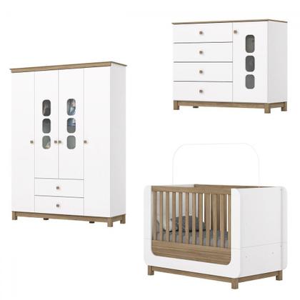 Imagem de Quarto de Bebê Completo Aconchego 5 Portas 6 Gavetas com Vidro Branco/Jequitibá - Henn