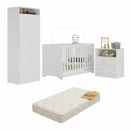 Imagem de Quarto de Bebê Completo Bala de Menta com Colchão Incluso Berço Encanto GuardaRoupa 2 Portas e Cômoda 2 Gavetas Multimóveis Branco