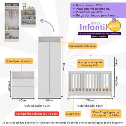 Imagem de Quarto de Bebê Completo Bala de Menta com Colchão Incluso Berço Encanto GuardaRoupa 2 Portas e Cômoda 2 Gavetas Multimóveis Branco