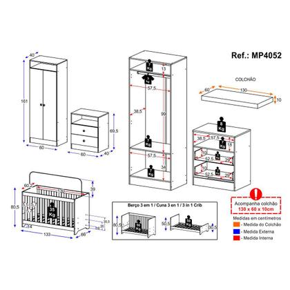 Imagem de Quarto de Bebê Completo Bala de Menta com Colchão Incluso Berço Encanto GuardaRoupa 2 Portas e Cômoda 2 Gavetas Multimóveis Branco