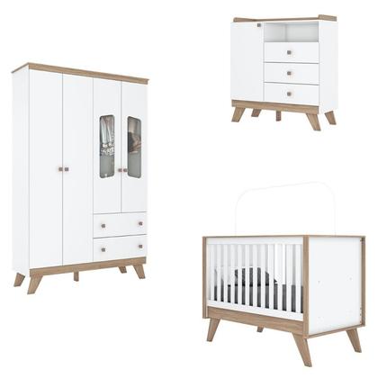 Imagem de Quarto de Bebê Completo Berço 3 em 1 com Guarda Roupa 4 Portas e Cômoda Retrô Theo Espresso Móveis