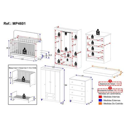Imagem de Quarto De Bebê Completo Berço Americano 3 Em 1 Colchão Encanto Multimóveis MP4601 Branco-off White