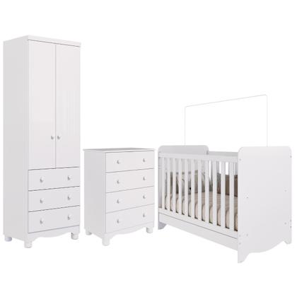 Imagem de Quarto de Bebê Completo Berço Americano Ben 3 Em 1 Cômoda Júnior Simples 4 Gavetas Guarda Roupa Júnior 2 Portas 3 Gavetas Branco Carvalho 100% MDF Móv