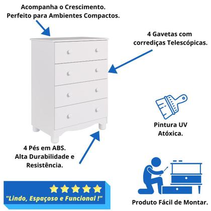 Imagem de Quarto de Bebê Completo Berço Americano Ben 3 Em 1 Cômoda Júnior Simples 4 Gavetas Guarda Roupa Júnior 2 Portas 3 Gavetas Branco Carvalho 100% MDF Móv