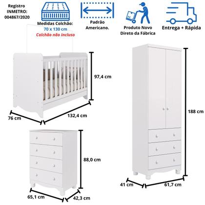 Imagem de Quarto de Bebê Completo Berço Americano Ben 3 Em 1 Cômoda Júnior Simples 4 Gavetas Guarda Roupa Júnior 2 Portas 3 Gavetas Branco Carvalho 100% MDF Móv