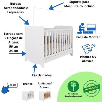 Imagem de Quarto de Bebê Completo Berço Americano Ben 3 Em 1 Cômoda Júnior Simples 4 Gavetas Guarda Roupa Júnior 2 Portas 3 Gavetas Branco Carvalho 100% MDF Móv