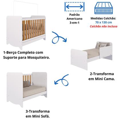 Imagem de Quarto de Bebê Completo Berço Americano Ben 3 Em 1 Cômoda Júnior Simples 4 Gavetas Guarda Roupa Júnior 2 Portas 3 Gavetas Branco Carvalho 100% MDF Móv