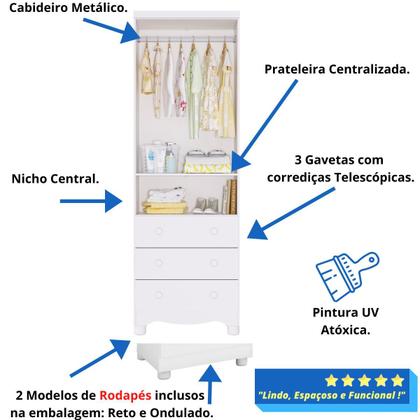 Imagem de Quarto de Bebê Completo Berço Americano Ben 3 Em 1 Cômoda Júnior Simples 4 Gavetas Guarda Roupa Júnior 2 Portas 3 Gavetas Branco Carvalho 100% MDF Móv