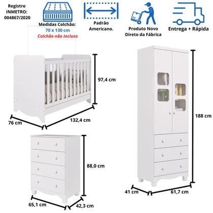 Imagem de Quarto de Bebê Completo Berço Americano Ben 3 Em 1 Cômoda Júnior Simples 4 Gavetas Guarda Roupa Uli 2 Portas 3 Gavetas MDF Faura