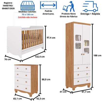 Imagem de Quarto de Bebê Completo Berço Americano Ben 3 Em 1 Cômoda Júnior Simples 4 Gavetas Guarda Roupa Uli 2 Portas 3 Gavetas MDF Faura