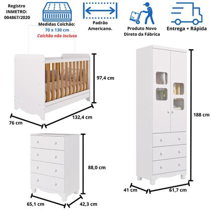 Imagem de Quarto de Bebê Completo Berço Americano Ben 3 Em 1 Cômoda Júnior Simples 4 Gavetas Guarda Roupa Uli 2 Portas 3 Gavetas MDF Faura