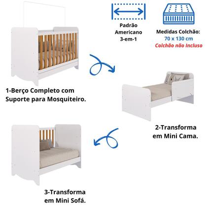 Imagem de Quarto de Bebê Completo Berço Americano Ben 3 Em 1 Guarda Roupa Júnior 2 Portas 3 Gavetas MDF Faura