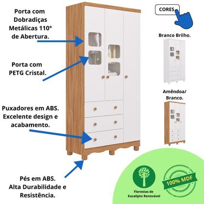 Imagem de Quarto de Bebê Completo Berço Americano Marquesa 3 Em 1 Guarda Roupa Uli 3 Portas 3 Gavetas Branco Carvalho 100% MDF Móveis Peroba