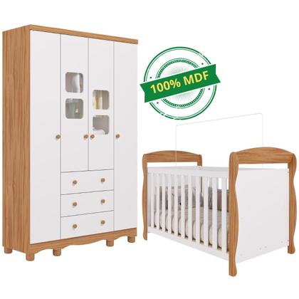 Imagem de Quarto de Bebê Completo Berço Americano Marquesa 3 Em 1 Guarda Roupa Uli 4 Portas 3 Gavetas Branco Carvalho 100% MDF Móveis Peroba