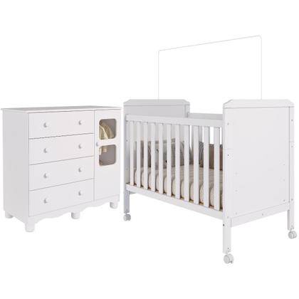 Imagem de Quarto de Bebê Completo Berço Americano Mini Cama Cloe 2 Em 1 Cômoda Uli 4 Gavetas 1 Porta MDF