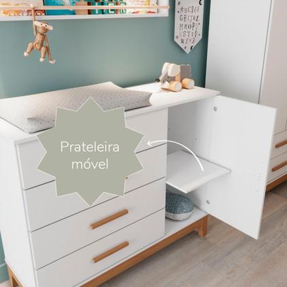 Imagem de Quarto de Bebe Completo Berço Eloa 3 em 1 e Comoda Hellen Fraldário e Guarda-Roupa 3 Portas Hellen Branco/Bétula