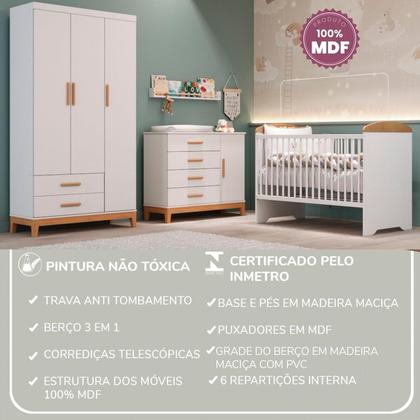Imagem de Quarto de Bebe Completo Berço Eloa 3 em 1 e Comoda Hellen Fraldário e Guarda-Roupa 3 Portas Hellen Branco/Bétula
